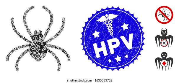 Virus collage spider icon and rounded distressed stamp seal with Hpv text and clinic sign. Mosaic vector is created with spider icon and with scattered microbe objects. Hpv stamp seal uses red color,