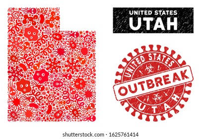 Virus collage Utah State map and red rubber stamp seal with OUTBREAK badge. Utah State map collage formed with random bacillus elements. Red round OUTBREAK seal stamp with dirty texture.