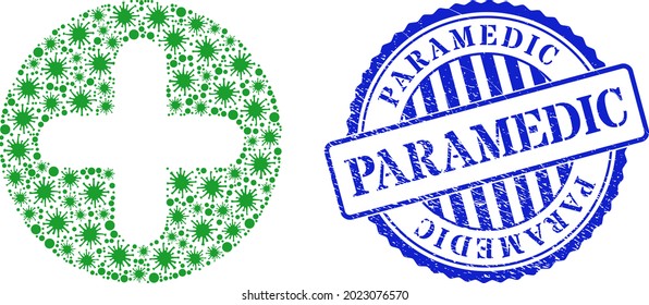 Virus collage veterinary plus icon, and grunge PARAMEDIC seal. Veterinary plus collage for medical templates, and grunge round blue seal. Vector mosaic is made from random virulent icons.
