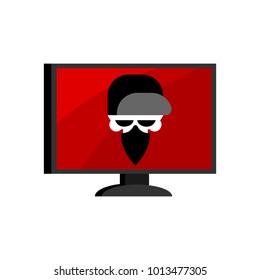 Virus in computer. Skull of hacker. Head of skeleton in scarf and cap. Cyber attack for pc. Death information. Blocked Data processor does not work. Vector illustration
