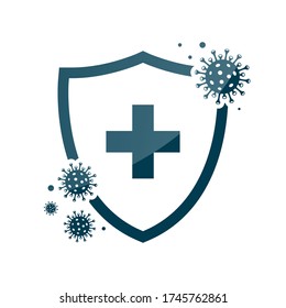 Сorona Virus Concept With Protective Antivirus Shield To Coronavirus, COVID-19, 2019-nCoV Infection. Medical Health Protection Shield With Cross Icon. Healthcare Medicine Protected Boost Immunity Conc