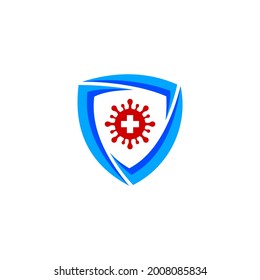 Сorona virus concept with protective antivirus shield to coronavirus, medical logo, medical icon with corona, covid-19. Logo design template element. Vector Illustration.