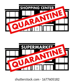 Virus concept. Quarantine sign on the background of shopping center building, supermarket, mall isolated on white background. Banner, backdrop, icon. Infection, virus, epidemic. Vector illustration.