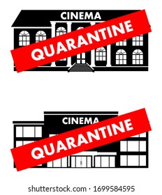 Virus concept. Quarantine sign on the background of cinema building, theater isolated on white background. Virus, infection, epidemic, quarantine. Banner, backdrop, icon. Vector illustration.