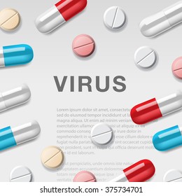 Virus concept with syringes and medication, information background, mockup, vector illustration.
