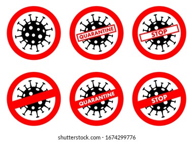Virus concept. Warning Coronavirus sign. Quarantine zone. Biohazard. Danger. Stop. Banner, backdrop, icon. Biological symbol isolated on white background. Dangerous area icons. Vector illustration.