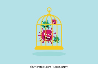 The virus is confined in a cage, a creative concept of the design illustration of virus handling. Virus detention. Flat Style design