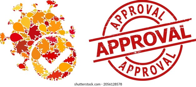 Virus Confirmed mosaic icon created for fall season, and Approval dirty stamp. Vector virus confirmed mosaic is shaped from random autumn maple and oak leaves.