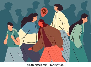 Virus contamination concept. Infected person walking among healthy people. Crowd of teenagers during epidemic outbreak. Coronavirus pandemic. Infection transmission. Vector illustration in flat style