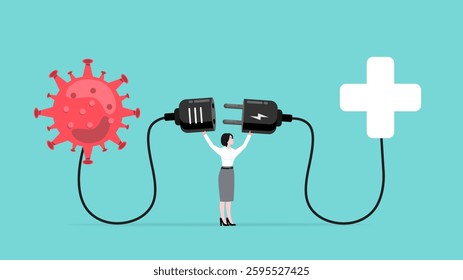 virus control, eradicate the virus with drugs or vaccines, man connect plug with virus to health symbol to get recovery concept vector illustration with flat style design