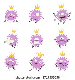 Virus corona cell cartoon cute character design with emotions face. Coronavirus COVID-19 vector illustration with facial expression set isolated on white background