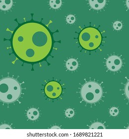 Virus Corona seamless background. Cartoon virus corona in Wuhan. green Background. Vector Illustration.