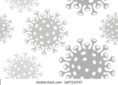 Virus Corona Vektorillustrationen. Corona-Virus in Wuhan. Muster Textur, die sich nahtlos einfarbig, grau, schwarz und weiß wiederholt. weißer Hintergrund. Vektorillustration Illustration. Kokosnuss-19