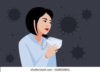 virus Coronavirus (2019-nCoV). woman puts on white medical mask. Concept flu, allergy, bacteria protection. vector illustration