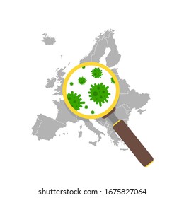 Virus Coronavirus on a map of Europe in a magnifier in flat style. Vector illustration