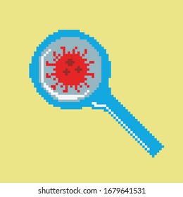 Virus, coronavirus under a magnifying glass vector illustration in pixel.