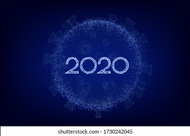 Virus Covid 19 NCP. Coronavirus nCoV denoted is single stranded RNA virus. Background with viral cell polygon mesh. Linear outline style. Vector illustration.