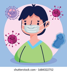 virus covid 19 pandemic, boy with protective mask medical care .vector illustration