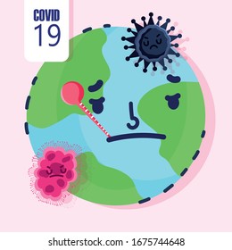virus covid 19 pandemic, cartoon world with thermometer sick vector illustration