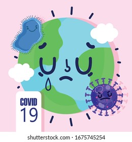 virus covid 19 pandemic, cartoon sick world crying vector illustration