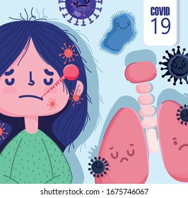 virus covid 19 pandemic, girl with thermometer lungs sick vector illustration