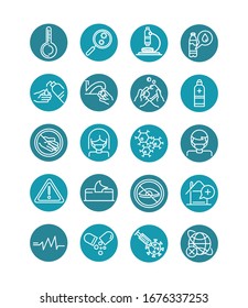 virus covid 19 pandemic respiratory pneumonia disease icons set vector illustration block line style icon
