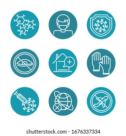 virus covid 19 pandemic respiratory pneumonia disease icons set vector illustration block line style icon