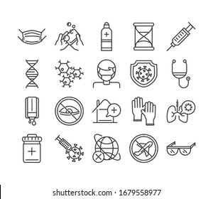 virus covid 19 pandemic respiratory pneumonia disease icons set vector illustration line style icon
