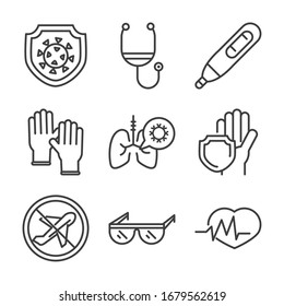 virus covid 19 pandemic respiratory pneumonia disease icons set vector illustration line style icon