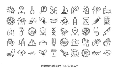 virus covid 19 pandemic respiratory pneumonia disease icons set vector illustration line style icon