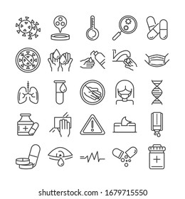 virus covid 19 pandemic respiratory pneumonia disease icons set vector illustration line style icon