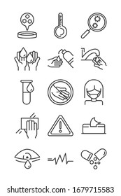 virus covid 19 pandemic respiratory pneumonia disease icons set vector illustration line style icon