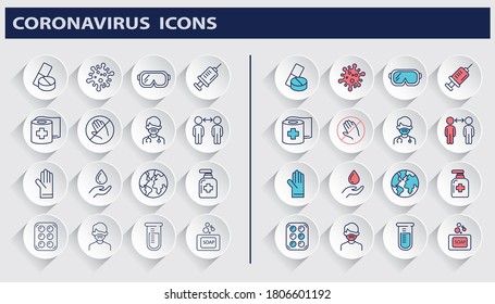 Virus covid 19 pandemic respiratory pneumonia disease icons set vector illustration line style icon