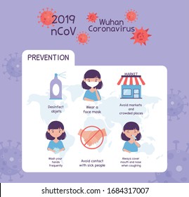 virus 19 prevención infografía no contacto con personas enfermas, evitar mercados y lugares concurridos ilustración vectorial