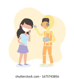 virus covid 19 quarantine, doctor examines woman with mask prevention vector illustration