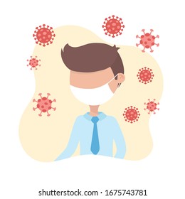 virus covid 19 quarantine, sick man with protective mask coronavirus symbol vector illustration