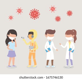 virus covid 19 quarantine, sick woman staff doctor wirh protective suit mask coronavirus symbol vector illustration