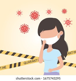 virus covid 19 quarantine, woman wearing mask protective coronavirus and tape prohibited vector illustration