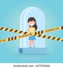 virus covid 19 quarantine, woman in quarantined tube safety tape restricted vector illustration