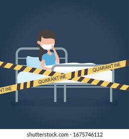 Virus Covid 19 Quarantine, Woman With Protective Mask In Bed Hospital Tape Restricted Vector Illustration