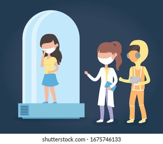 virus covid 19 quarantine, woman in quarantined tube and staff medical healthy vector illustration