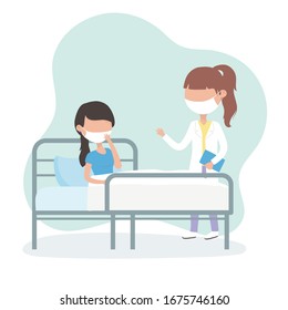 virus covid 19 quarantine, woman with mask in bed hospital doctor vector illustration