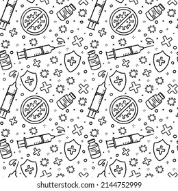 Virus or covid vaccine vector seamless pattern, syringe for injection in doodle style. Black linear print with medicines and a stop sign for coronavirus