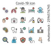 Virus, Covid-19, Corona virus icon set in color line style
