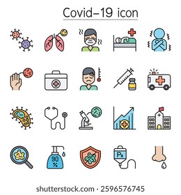 Virus, Covid-19, Corona virus icon set in color line style