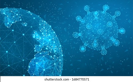 Virus COVID-19 And Globe Plexus - Coronavirus Low Poly Vector And World Map Europe Side