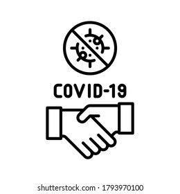 Virus Covid-19 in der Mitte des Stoppkreiszeichens mit Handshake-Symbol platziert. Zusammenarbeit bei der Verhütung der Ausbreitung des Coronavirus. Zeilenvektor. Einzeln auf weißem Hintergrund.