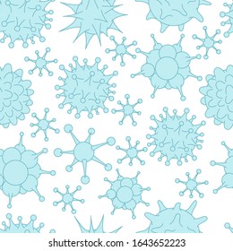 Virus Covid-19 seamless pattern background. Molecule viral bacteria infection. Coronavirus. Blue colour vector.