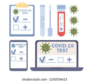 Virus and COVID-19 testing set. Negative covid-19 test result. Self-test kit with laboratory blood test tube. Prevention of coronavirus. Vector flat illustration