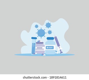 Concepto de Cura de Virus para el Coronavirus y otras enfermedades - Jeringas médicas y botellas de vacuna con tabletas plantilla de ilustración vectorial web plana